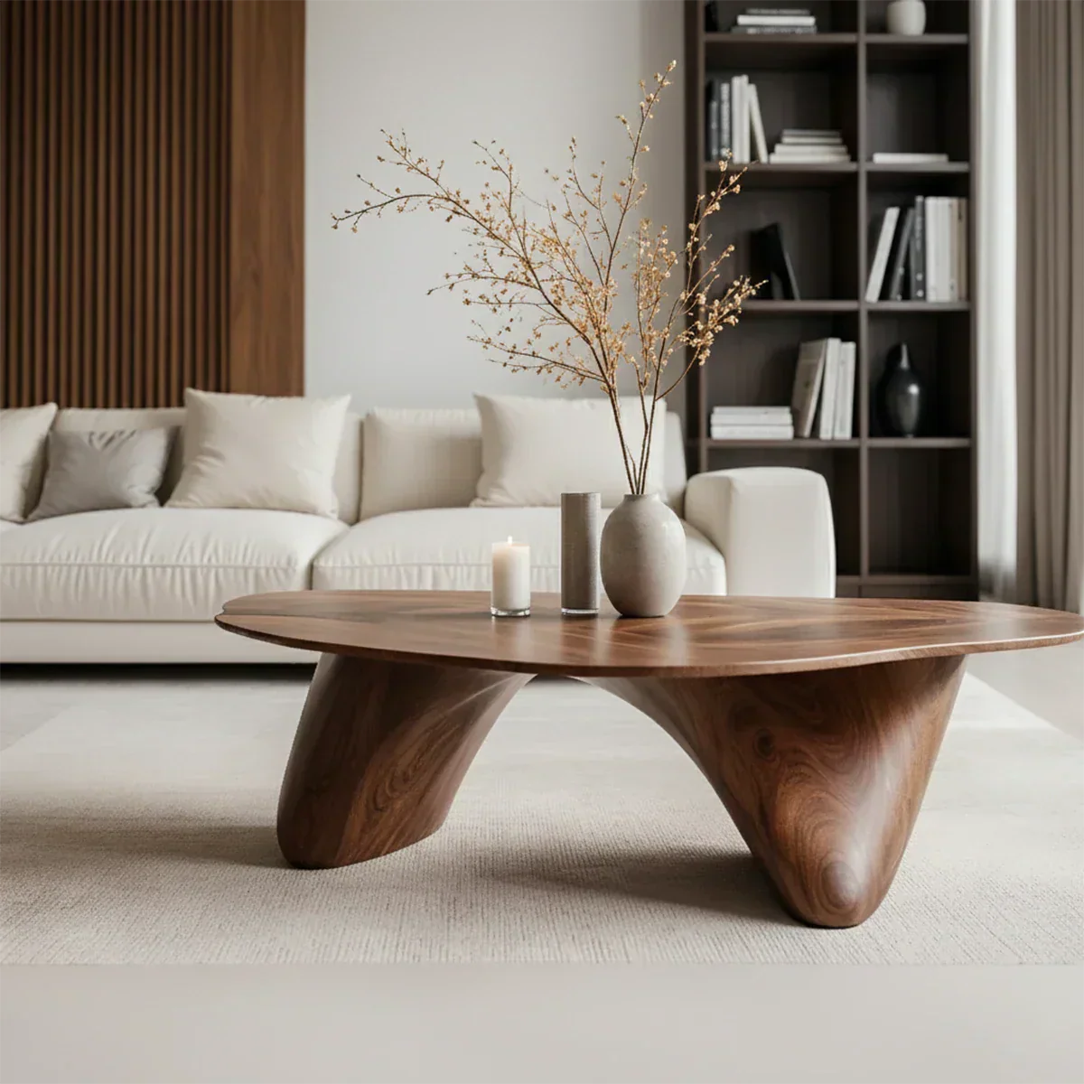 Sculpted Solid Wood Coffee Table – Soft Curved Base & Minimalist Form - Rustiracraft