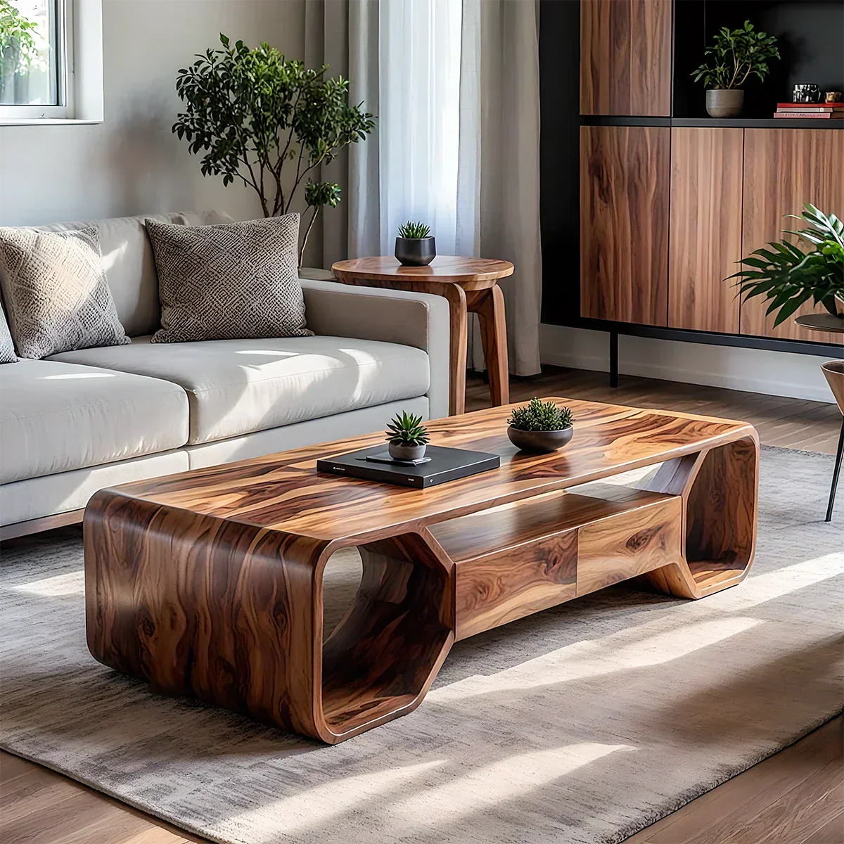 Sculpted Solid Wood Coffee Table With Storage – Modern Curved Form - Rustiracraft 