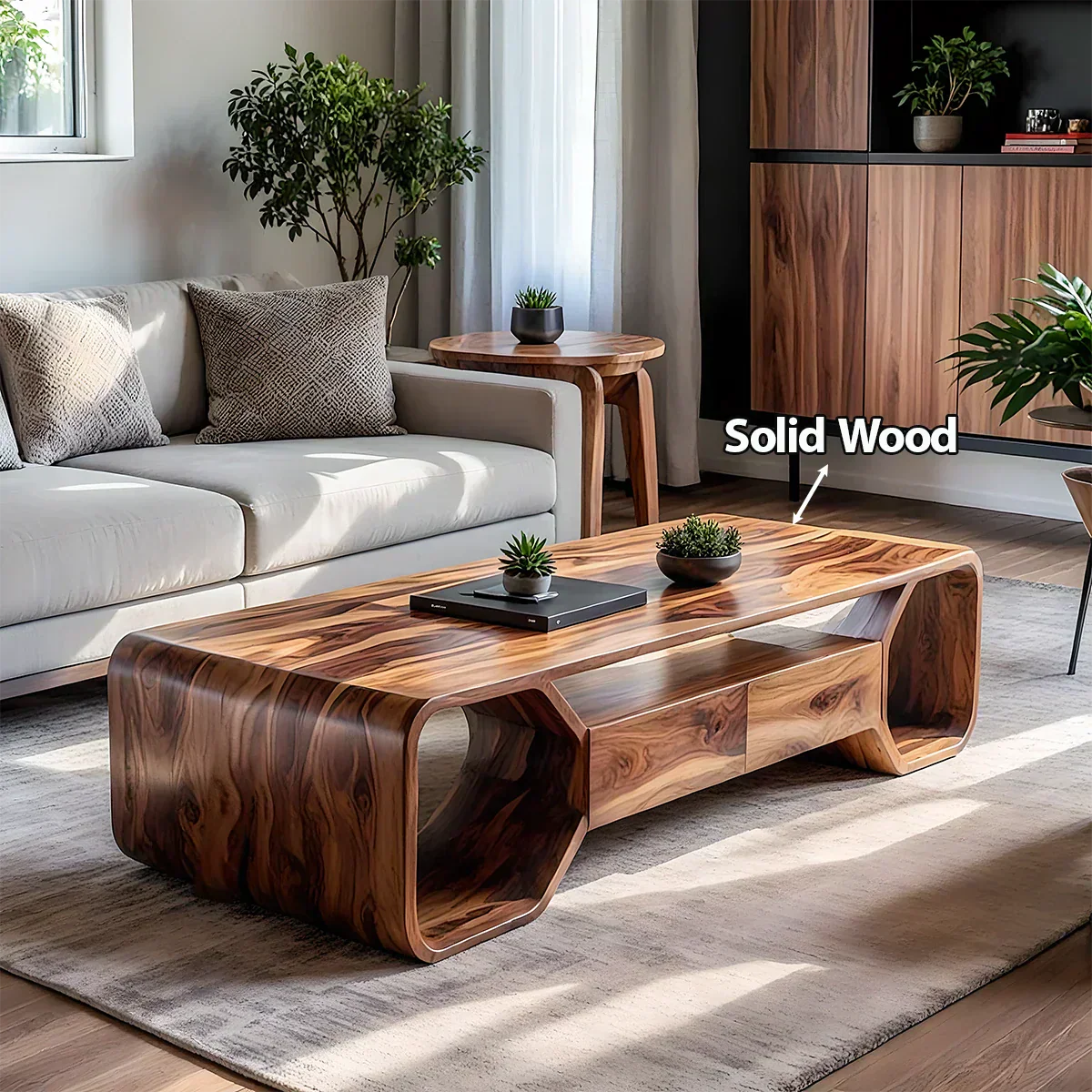 Sculpted Solid Wood Coffee Table With Storage – Modern Curved Form - Rustiracraft 