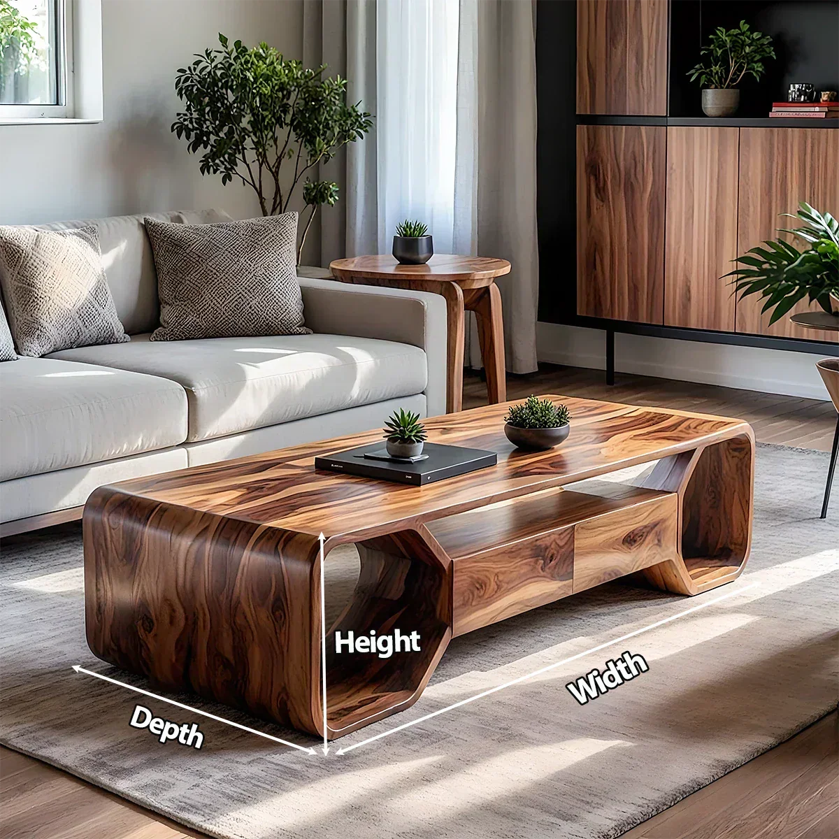 Sculpted Solid Wood Coffee Table With Storage – Modern Curved Form - Rustiracraft 