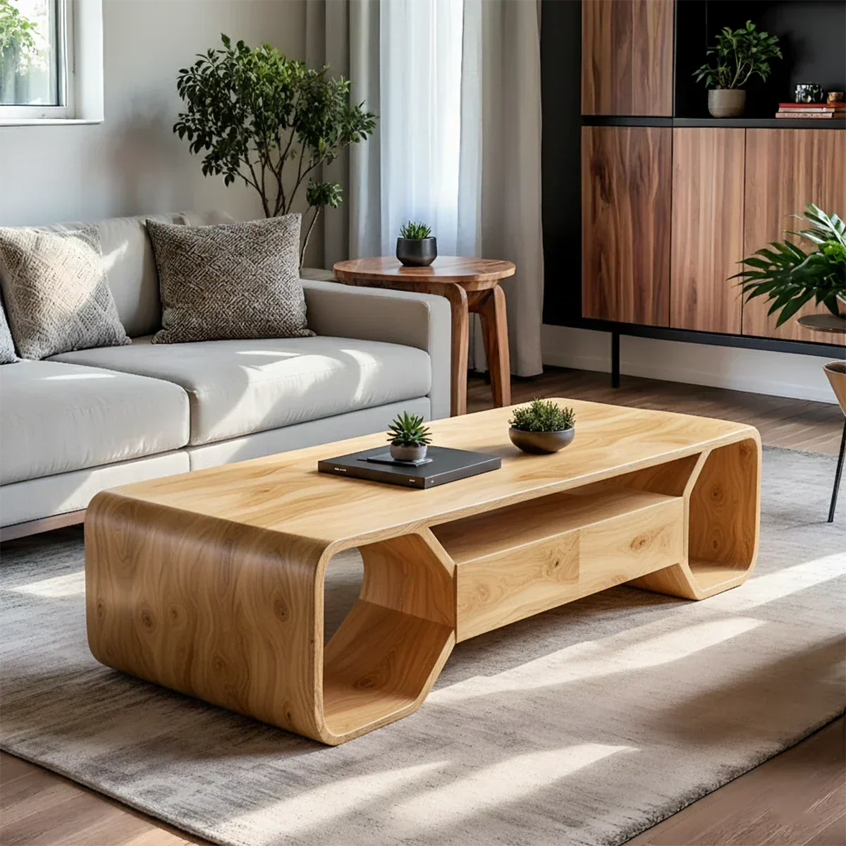 Sculpted Solid Wood Coffee Table With Storage – Modern Curved Form - Rustiracraft 