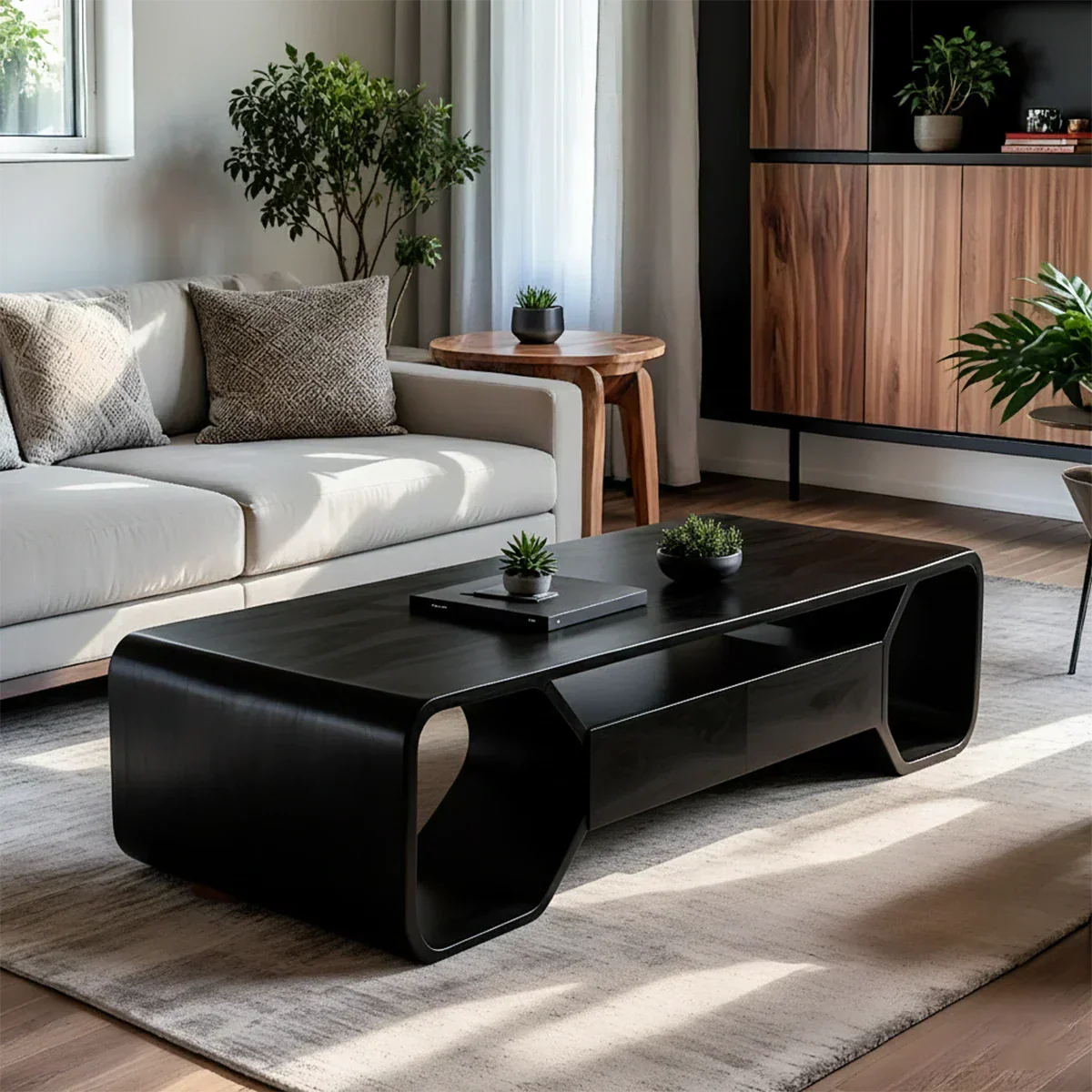 Sculpted Solid Wood Coffee Table With Storage – Modern Curved Form - Rustiracraft 