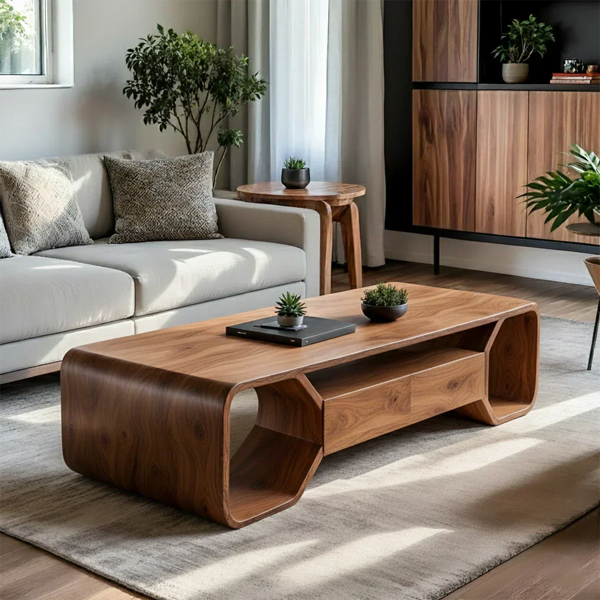 Sculpted Solid Wood Coffee Table With Storage – Modern Curved Form - Rustiracraft 