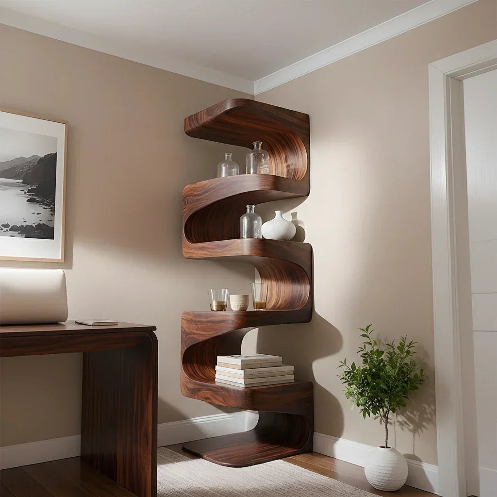 Sculpted Solid Wood Corner Bookshelf – Flow Form Edition - Rustiracraft