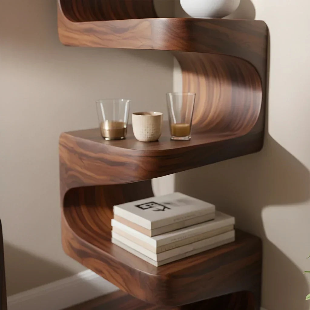 Sculpted Solid Wood Corner Bookshelf – Flow Form Edition - Rustiracraft