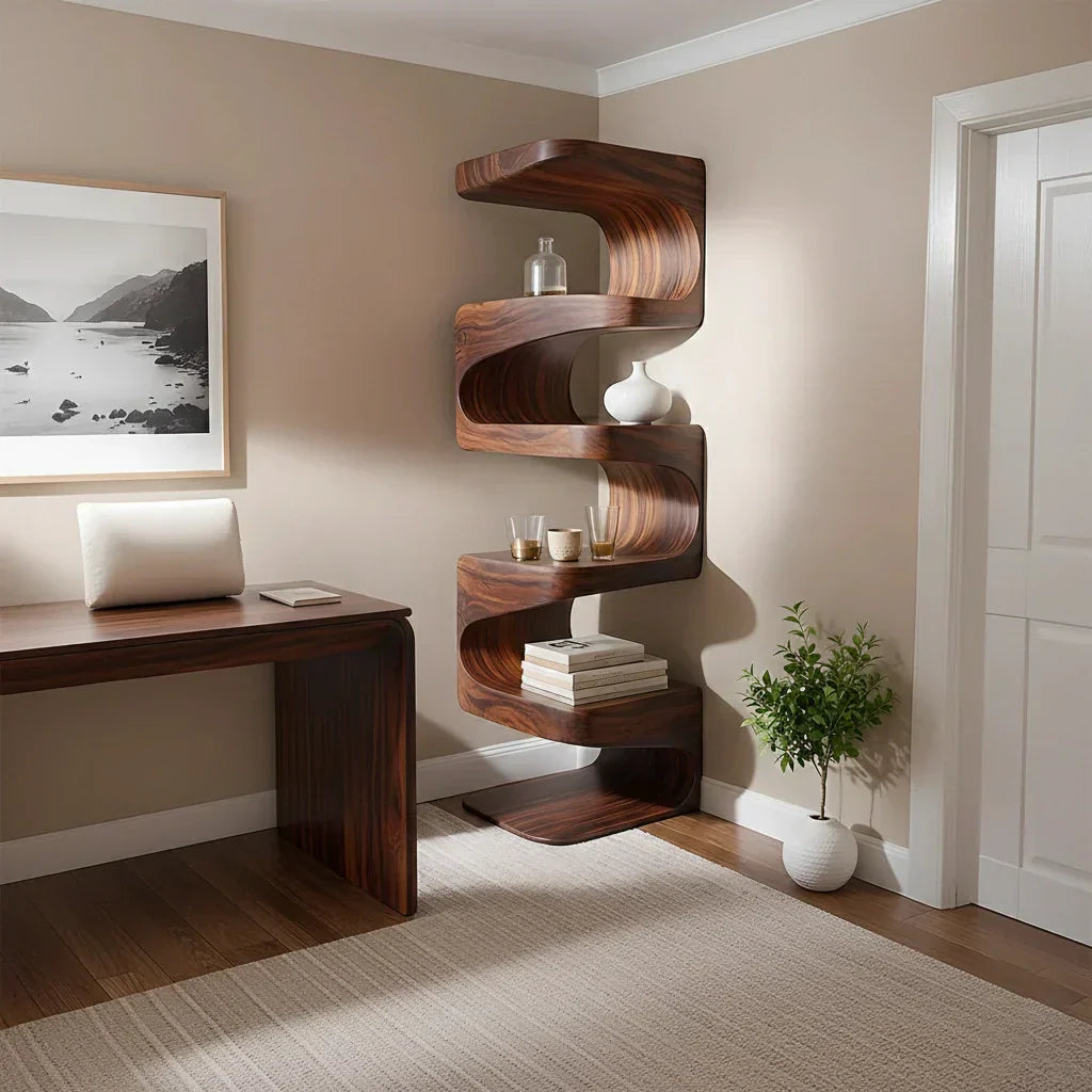 Sculpted Solid Wood Corner Bookshelf – Flow Form Edition - Rustiracraft