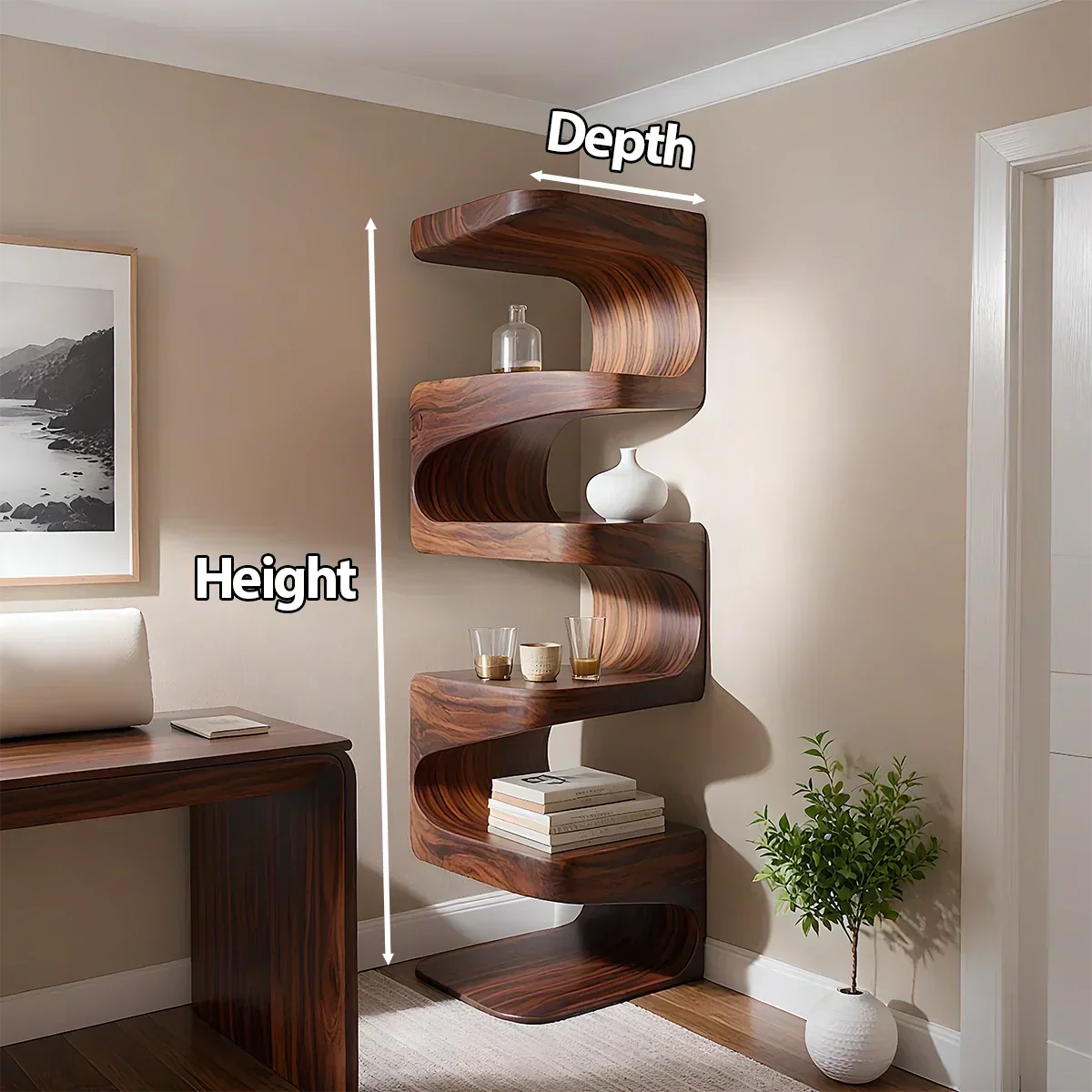 Sculpted Solid Wood Corner Bookshelf – Flow Form Edition - Rustiracraft