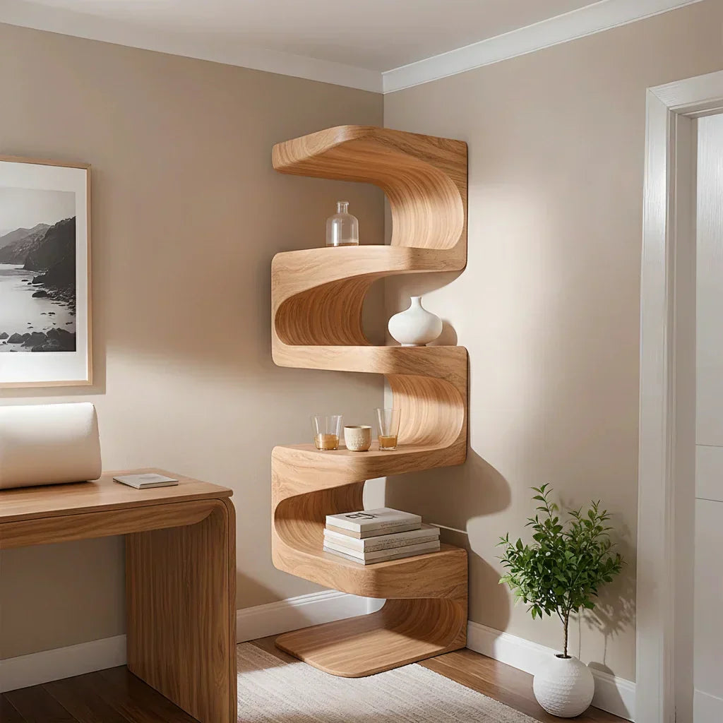 Sculpted Solid Wood Corner Bookshelf – Flow Form Edition - Rustiracraft