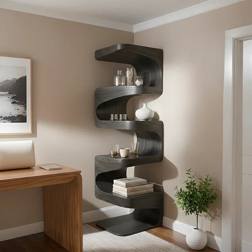 Sculpted Solid Wood Corner Bookshelf – Flow Form Edition - Rustiracraft