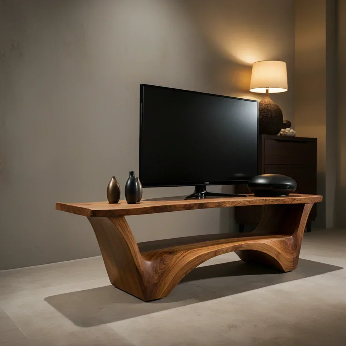 Sculpted Solid Wood TV Stand – Modern Curved Minimalist Design - Rustiracraft 