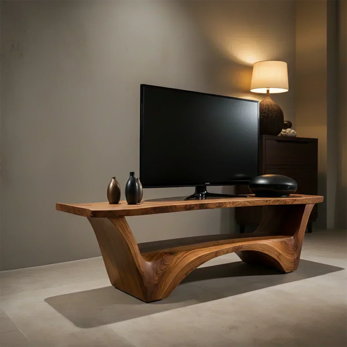 Sculpted Solid Wood TV Stand – Modern Curved Minimalist Design - Rustiracraft