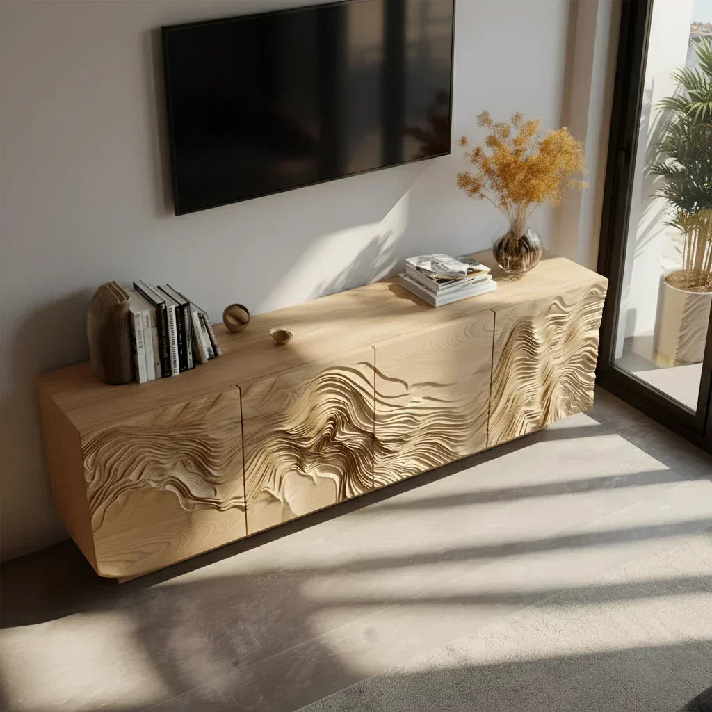 Sculpted Solid Wood TV Stand – Organic Wave Texture Media Console - Rustiracraft 