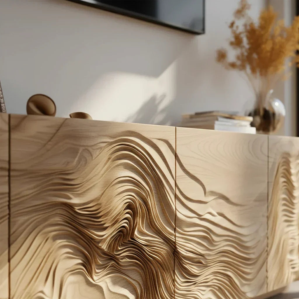 Sculpted Solid Wood TV Stand – Organic Wave Texture Media Console - Rustiracraft 
