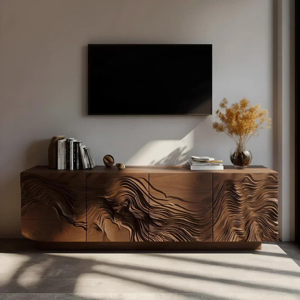 Sculpted Solid Wood TV Stand – Organic Wave Texture Media Console - Rustiracraft 