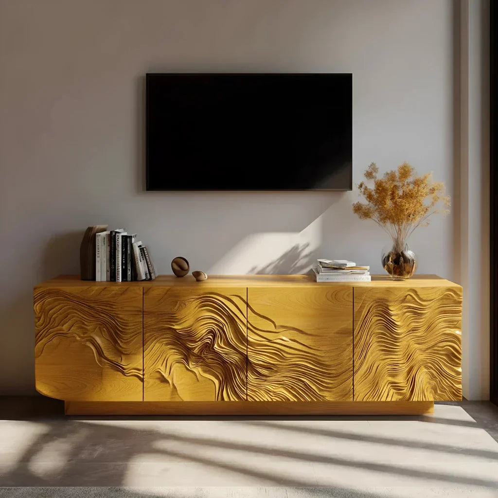 Sculpted Solid Wood TV Stand – Organic Wave Texture Media Console - Rustiracraft 