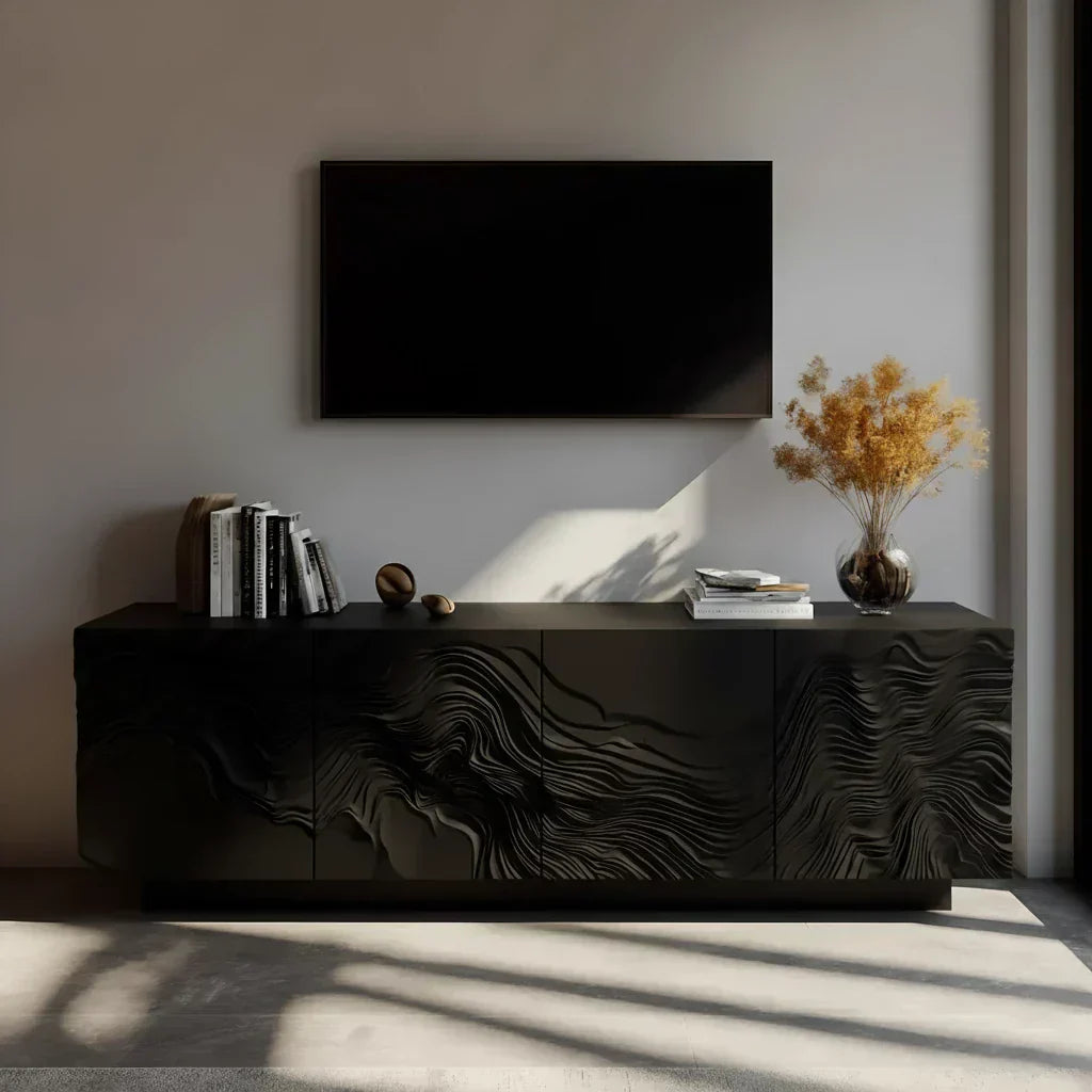Sculpted Solid Wood TV Stand – Organic Wave Texture Media Console - Rustiracraft 