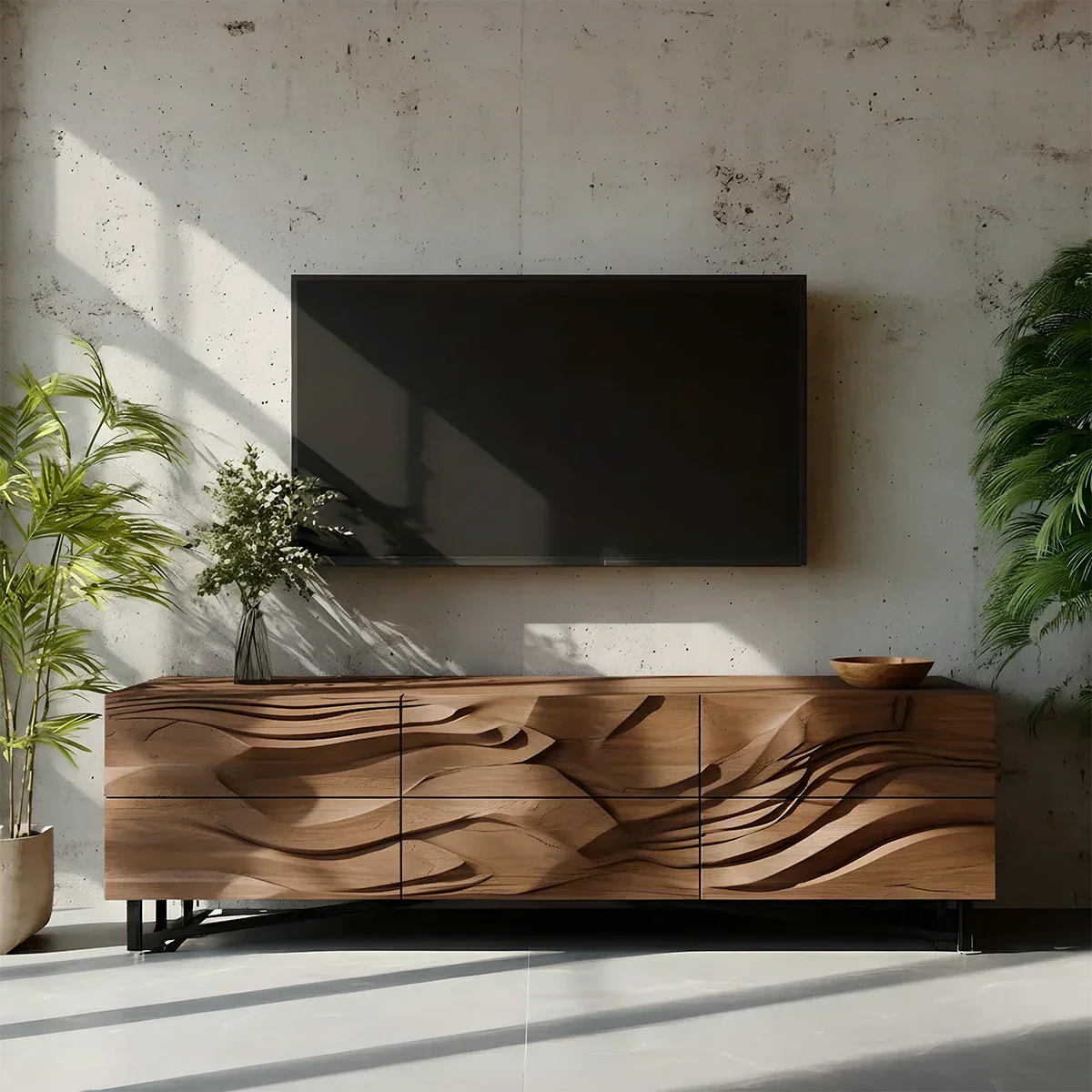 Sculpted Walnut TV Stand – Fluid Organic Modern Media Console - Rustiracraft 