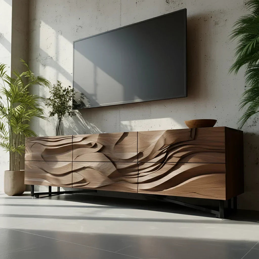 Sculpted Walnut TV Stand – Fluid Organic Modern Media Console - Rustiracraft 