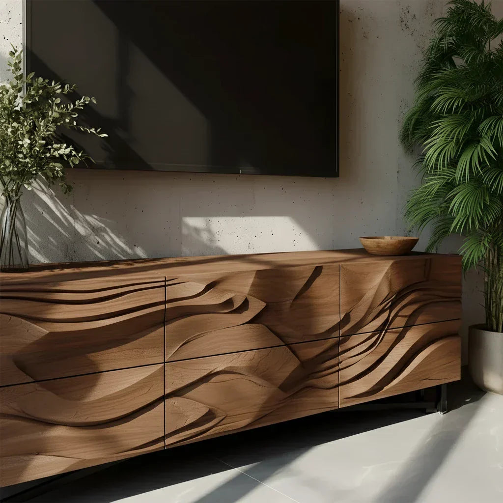 Sculpted Walnut TV Stand – Fluid Organic Modern Media Console - Rustiracraft 