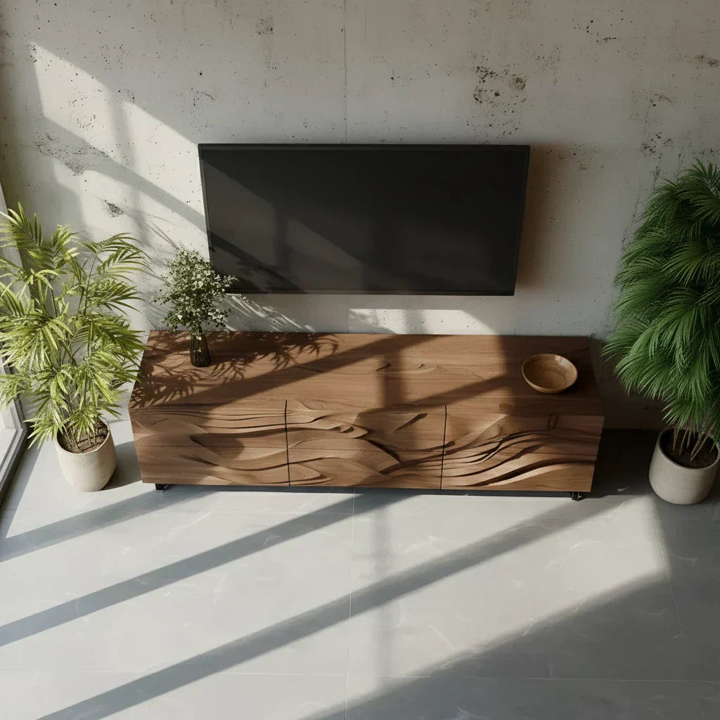 Sculpted Walnut TV Stand – Fluid Organic Modern Media Console - Rustiracraft 