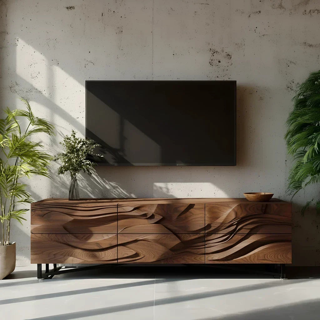 Sculpted Walnut TV Stand – Fluid Organic Modern Media Console - Rustiracraft 