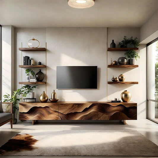 Sculpted Wave Walnut TV Console - Floating Organic Media Cabinet - Rustiracraft 