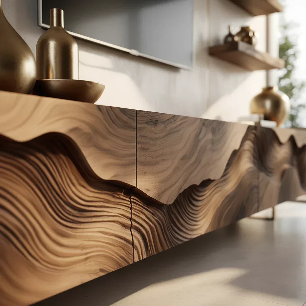 Sculpted Wave Walnut TV Console - Floating Organic Media Cabinet - Rustiracraft 