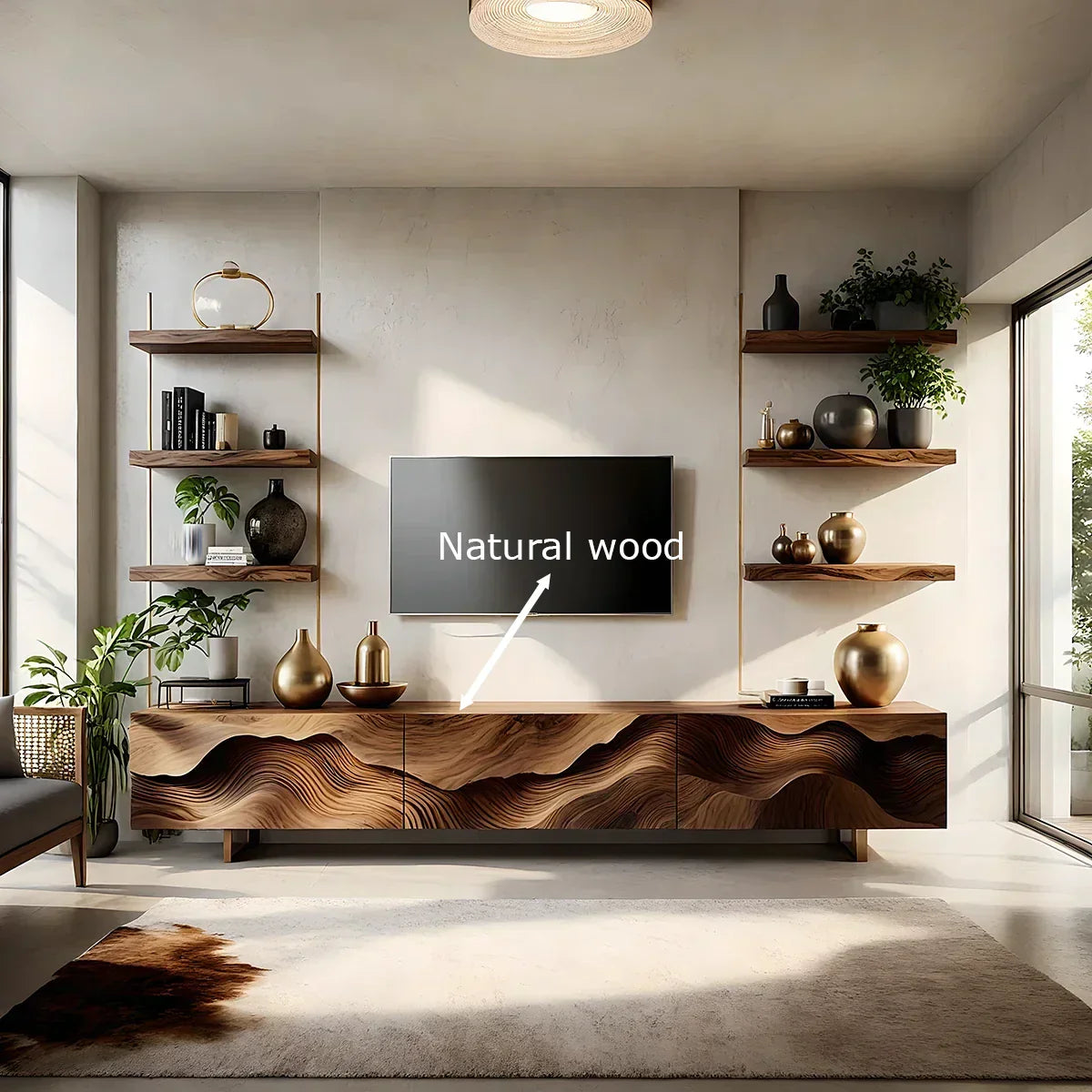 Sculpted Wave Walnut TV Console - Floating Organic Media Cabinet - Rustiracraft 
