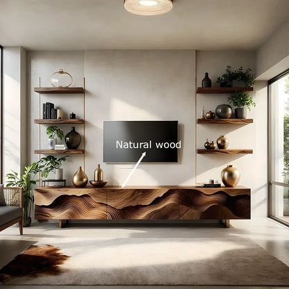 Sculpted Wave Walnut TV Console - Floating Organic Media Cabinet - Rustiracraft 