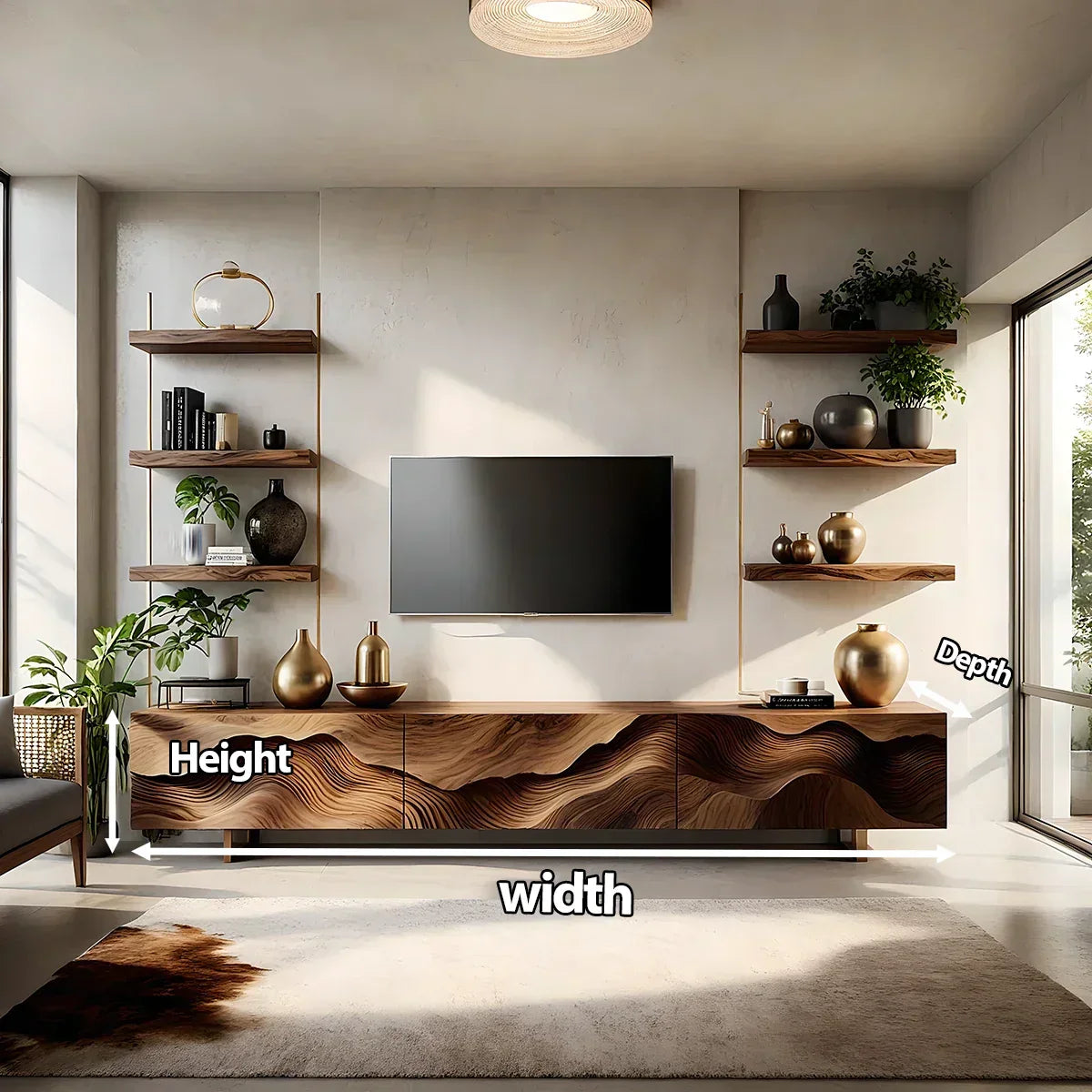 Sculpted Wave Walnut TV Console - Floating Organic Media Cabinet - Rustiracraft 