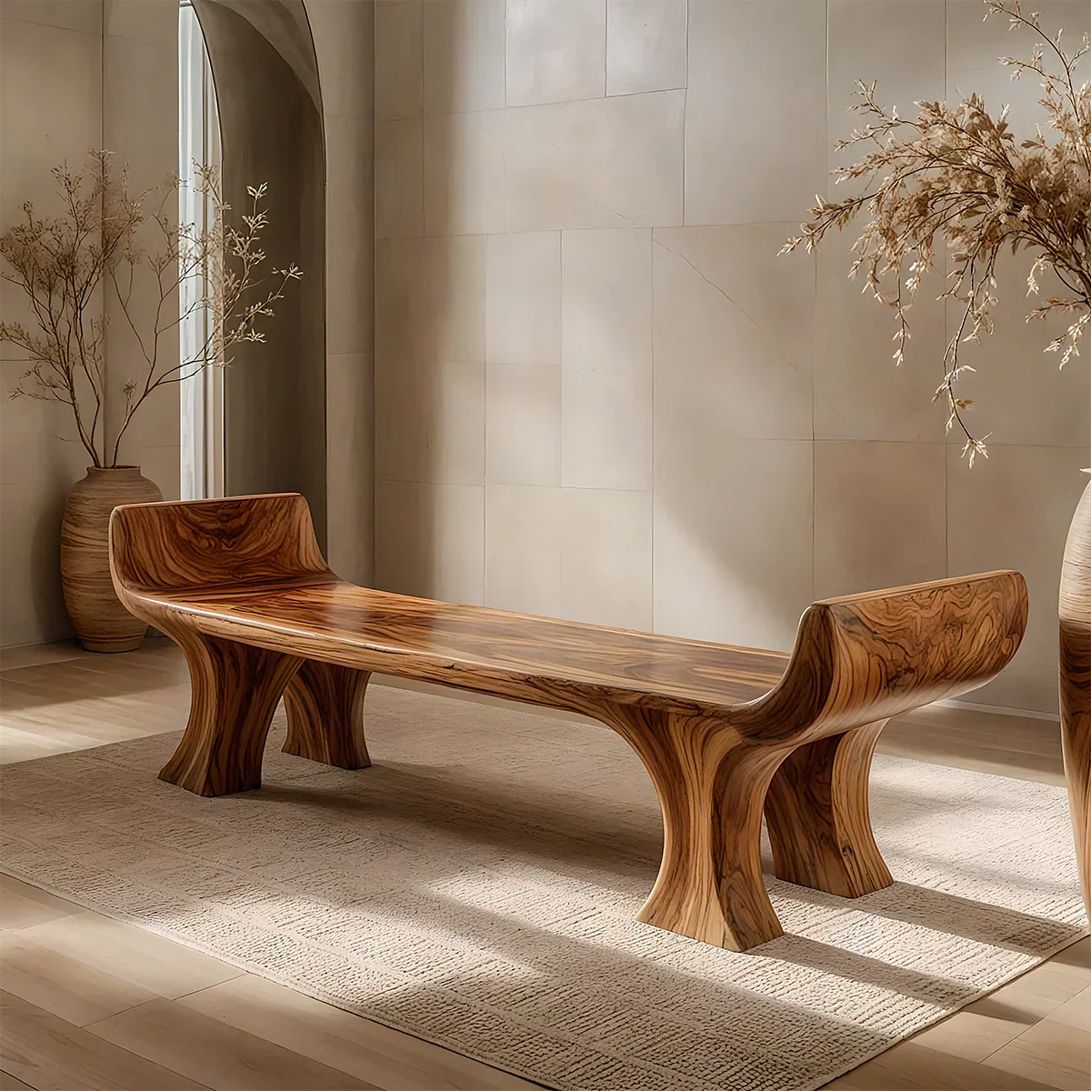 Sculpted Wing-End Bench in Natural Solid Wood - Rustiracraft