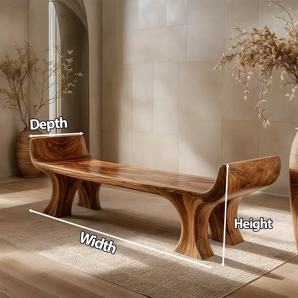 Sculpted Wing-End Bench in Natural Solid Wood - Rustiracraft