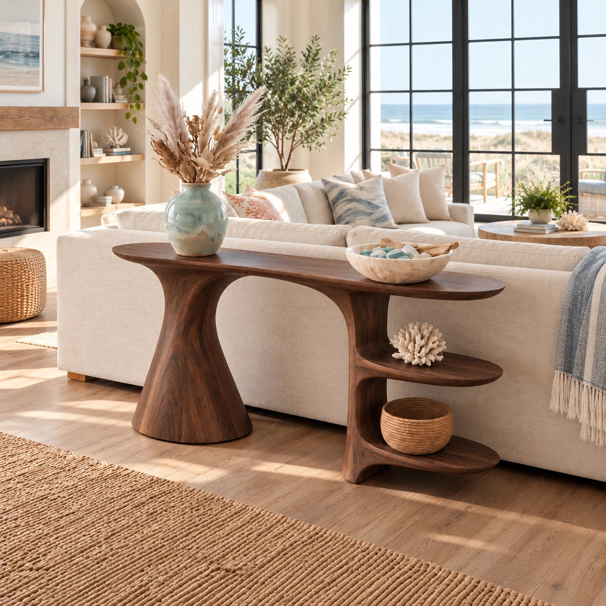 Sculptural Console Table with Open Shelving in Natural Solid Wood - Rustiracraft