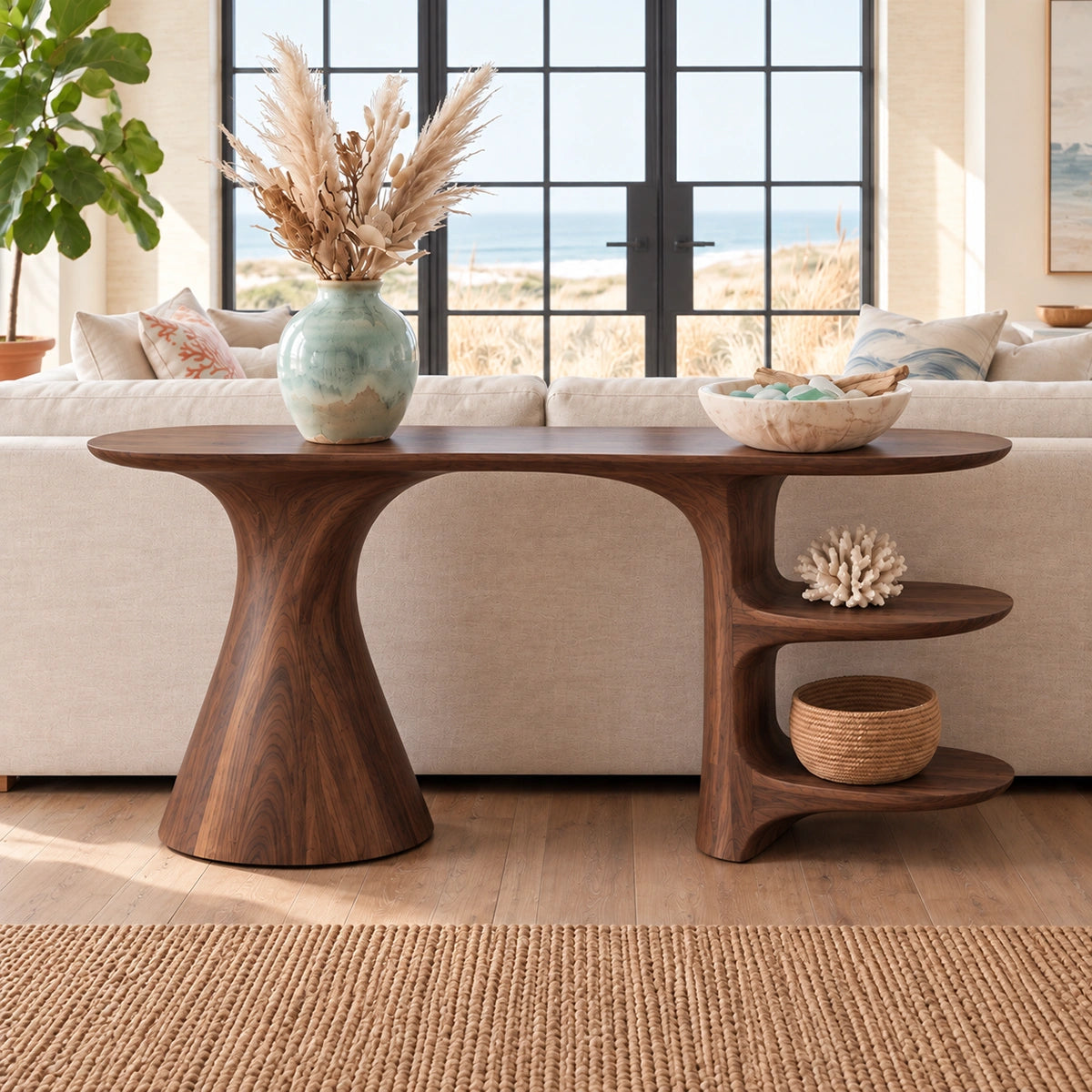 Sculptural Console Table with Open Shelving in Natural Solid Wood - Rustiracraft