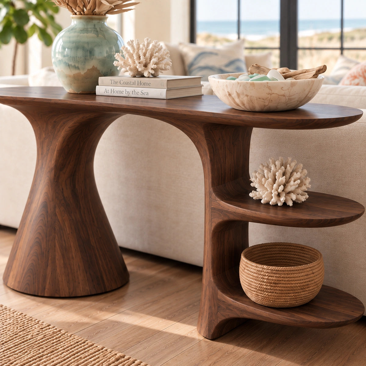 Sculptural Console Table with Open Shelving in Natural Solid Wood - Rustiracraft
