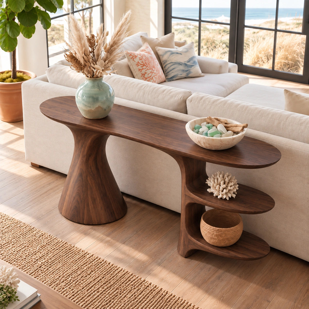 Sculptural Console Table with Open Shelving in Natural Solid Wood - Rustiracraft