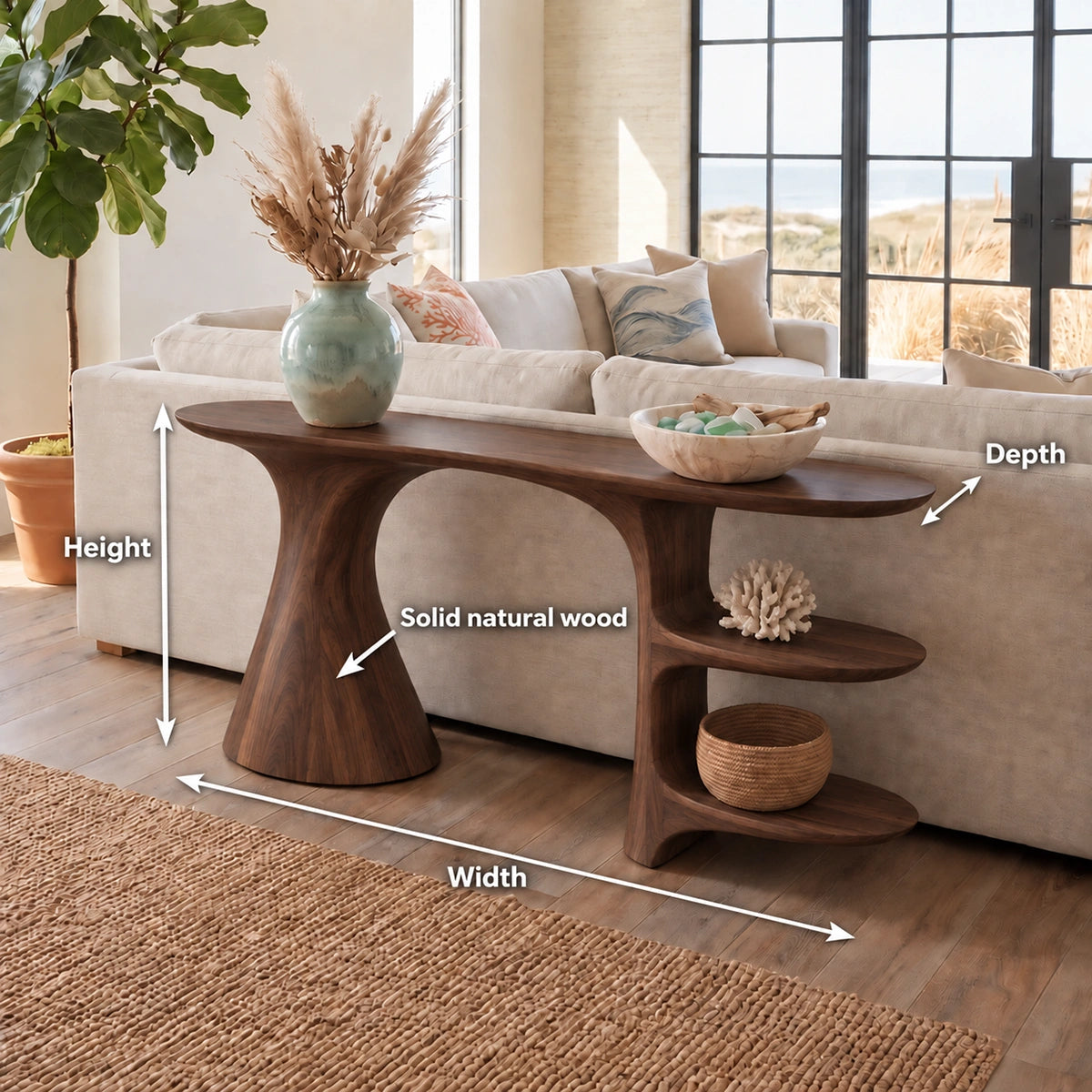 Sculptural Console Table with Open Shelving in Natural Solid Wood - Rustiracraft