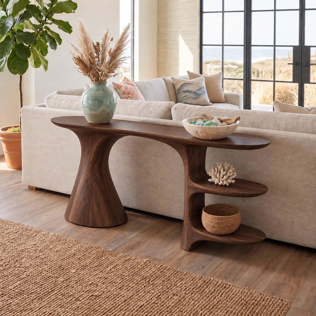 Sculptural Console Table with Open Shelving in Natural Solid Wood - Rustiracraft