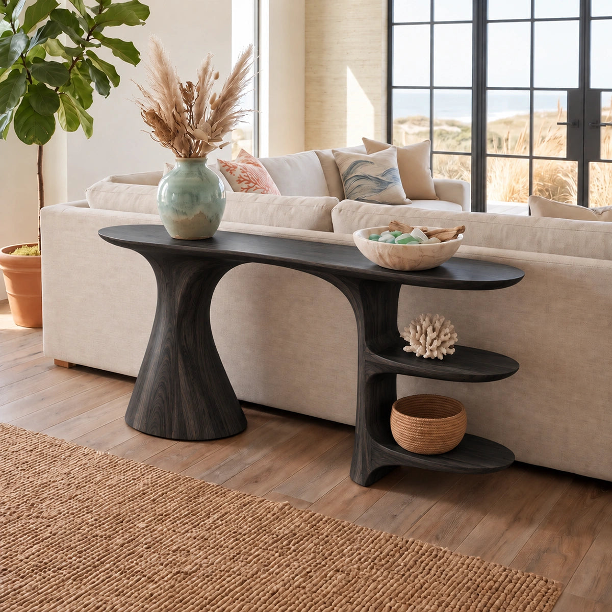 Sculptural Console Table with Open Shelving in Natural Solid Wood - Rustiracraft