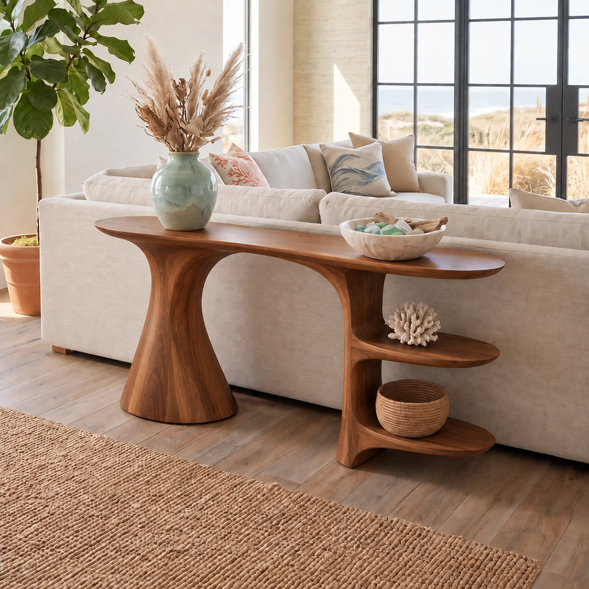 Sculptural Console Table with Open Shelving in Natural Solid Wood - Rustiracraft