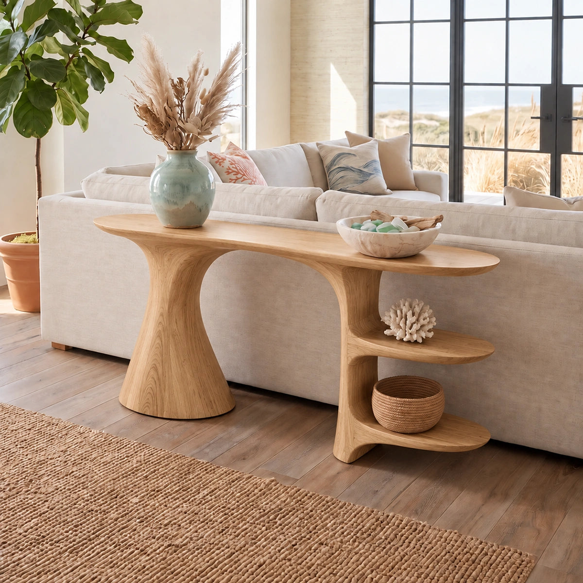 Sculptural Console Table with Open Shelving in Natural Solid Wood - Rustiracraft