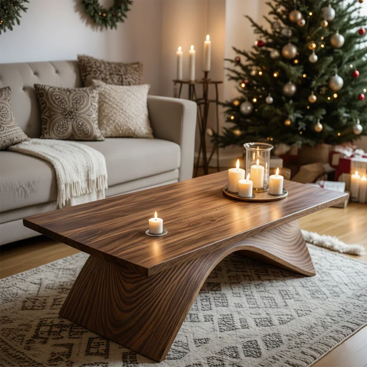 Sculptural Curved Solid Wood Coffee Table – Handcrafted Natural Finish - Rustiracraft