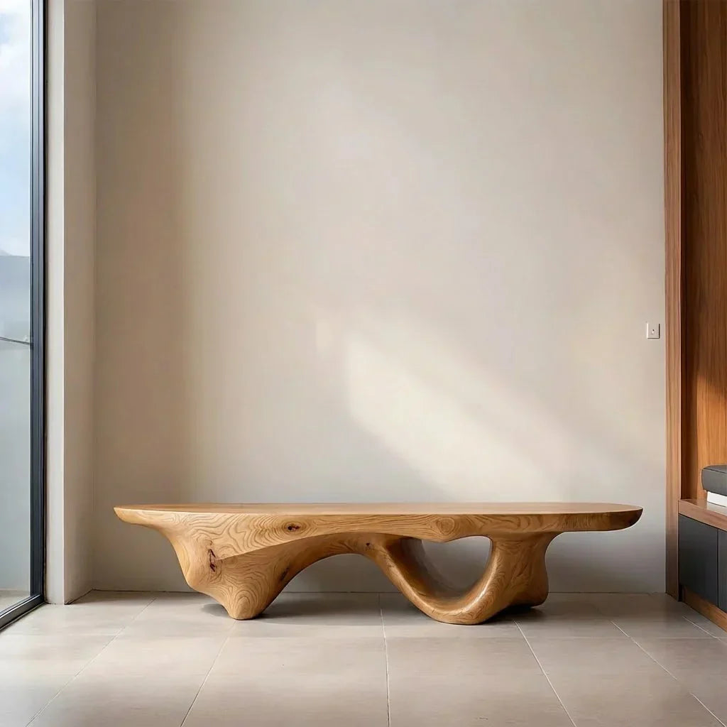 Sculptural Fluid-Form Solid Wood Bench – Modern Organic Art Piece - Rustiracraft