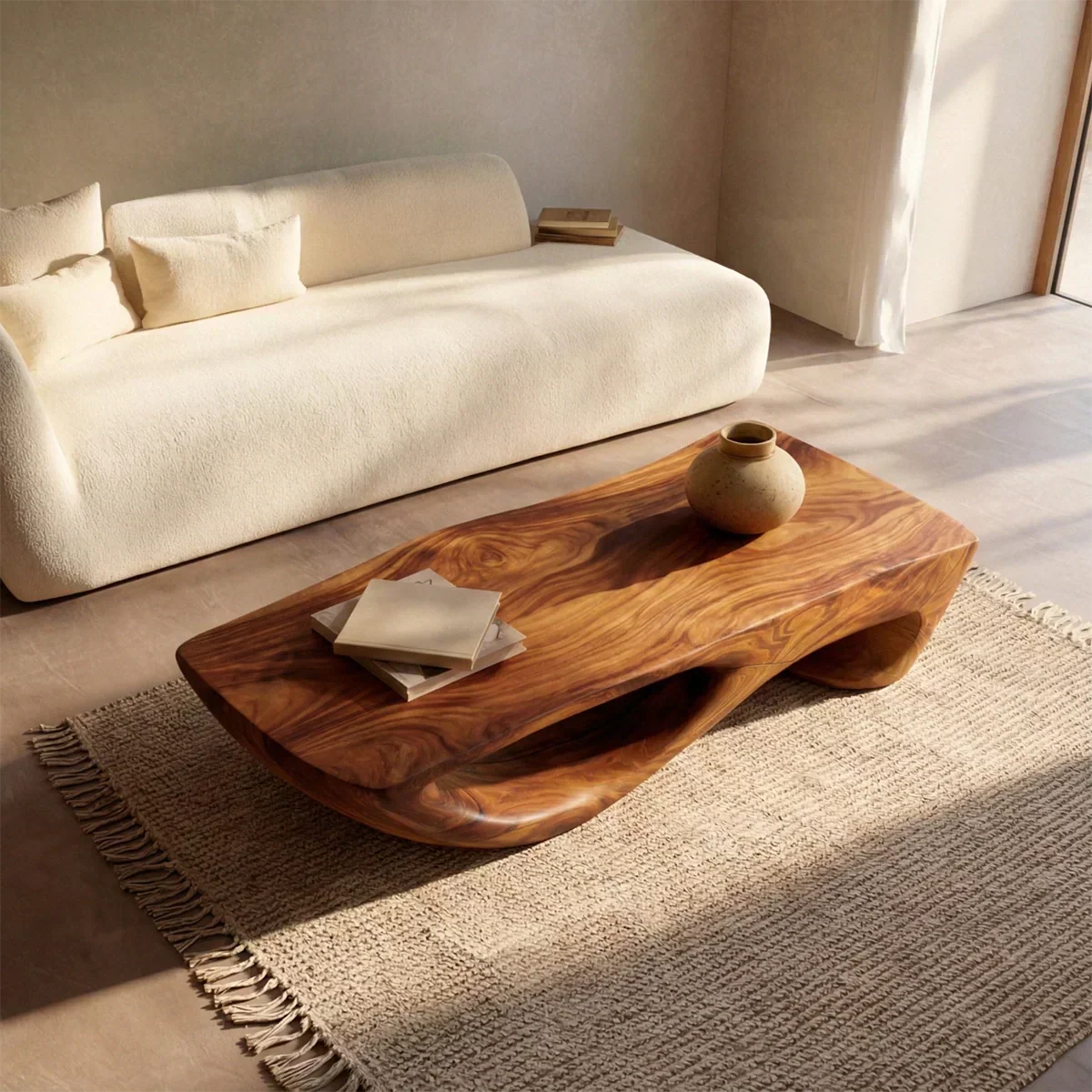 Sculptural Modern Coffee Table with Hollow Curve Base in Natural Solid Wood - Rustiracraft 