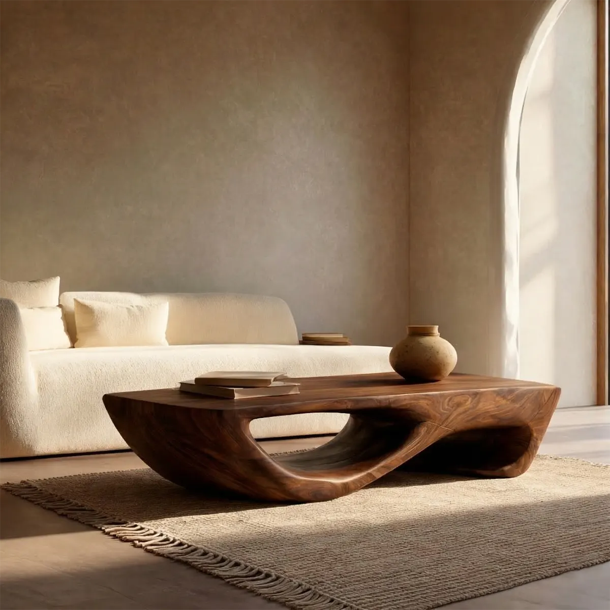 Sculptural Modern Coffee Table with Hollow Curve Base in Natural Solid Wood - Rustiracraft 