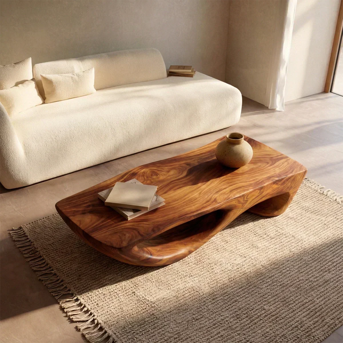 Sculptural Modern Coffee Table with Hollow Curve Base in Natural Solid Wood - Rustiracraft