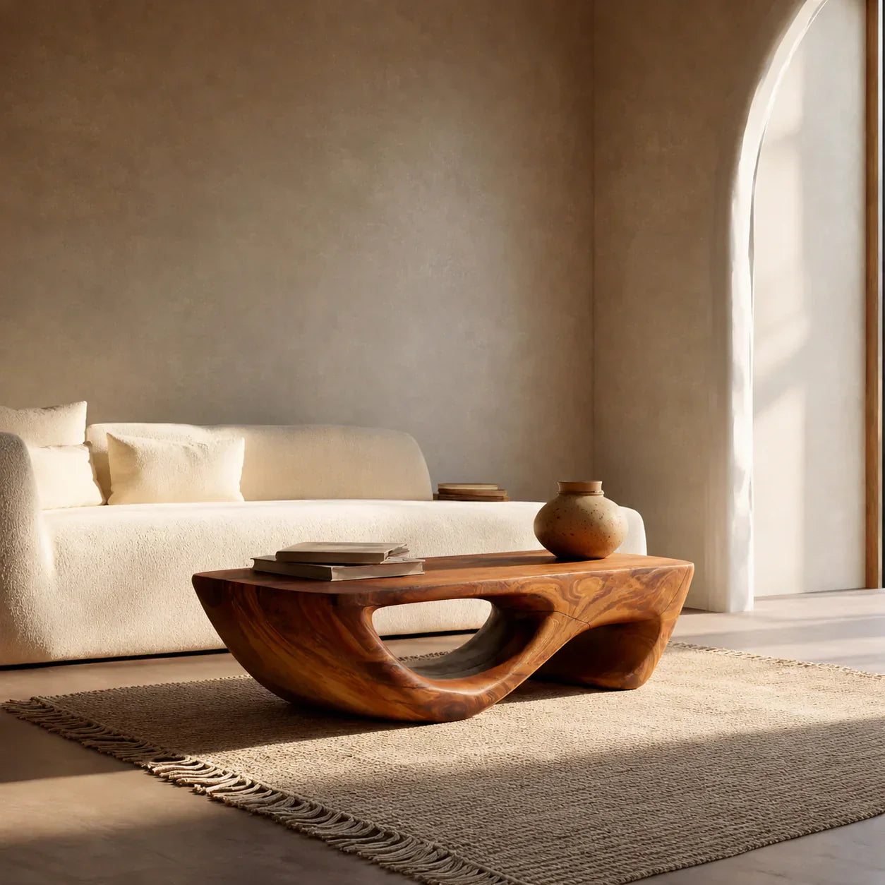 Sculptural Modern Coffee Table with Hollow Curve Base in Natural Solid Wood - Rustiracraft
