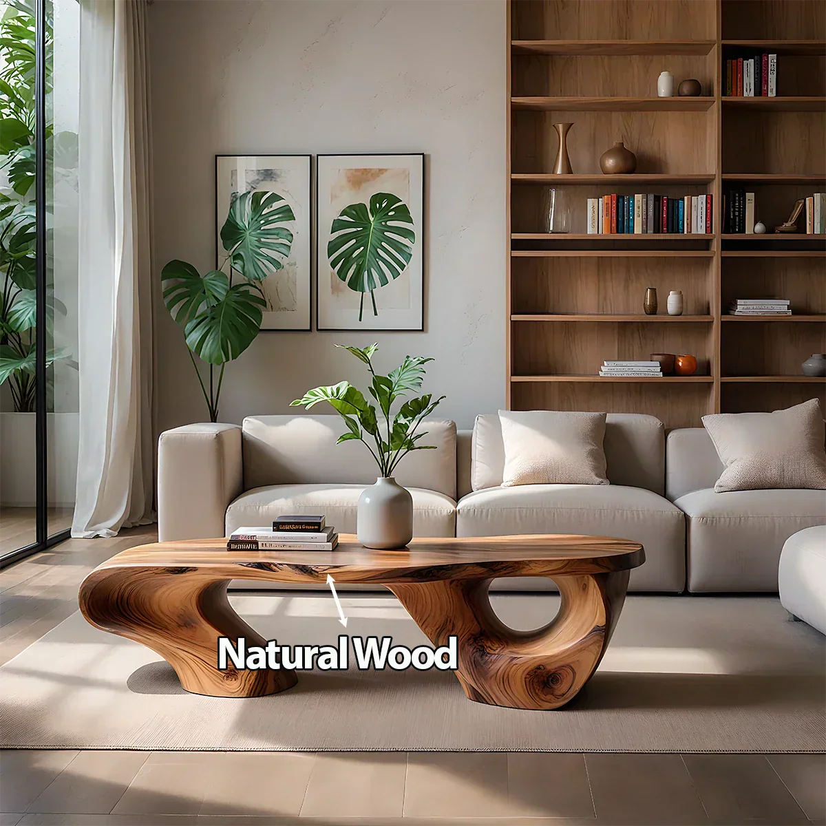 Sculptural Natural Solid Wood Coffee Table — Organic Curve Design - Rustiracraft