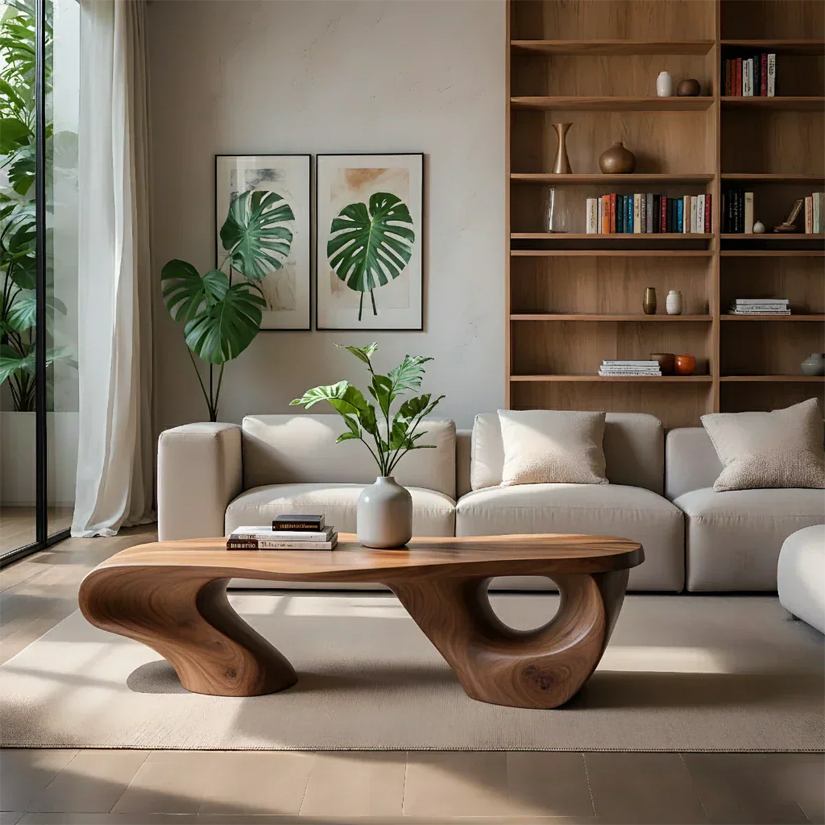 Sculptural Natural Solid Wood Coffee Table — Organic Curve Design - Rustiracraft