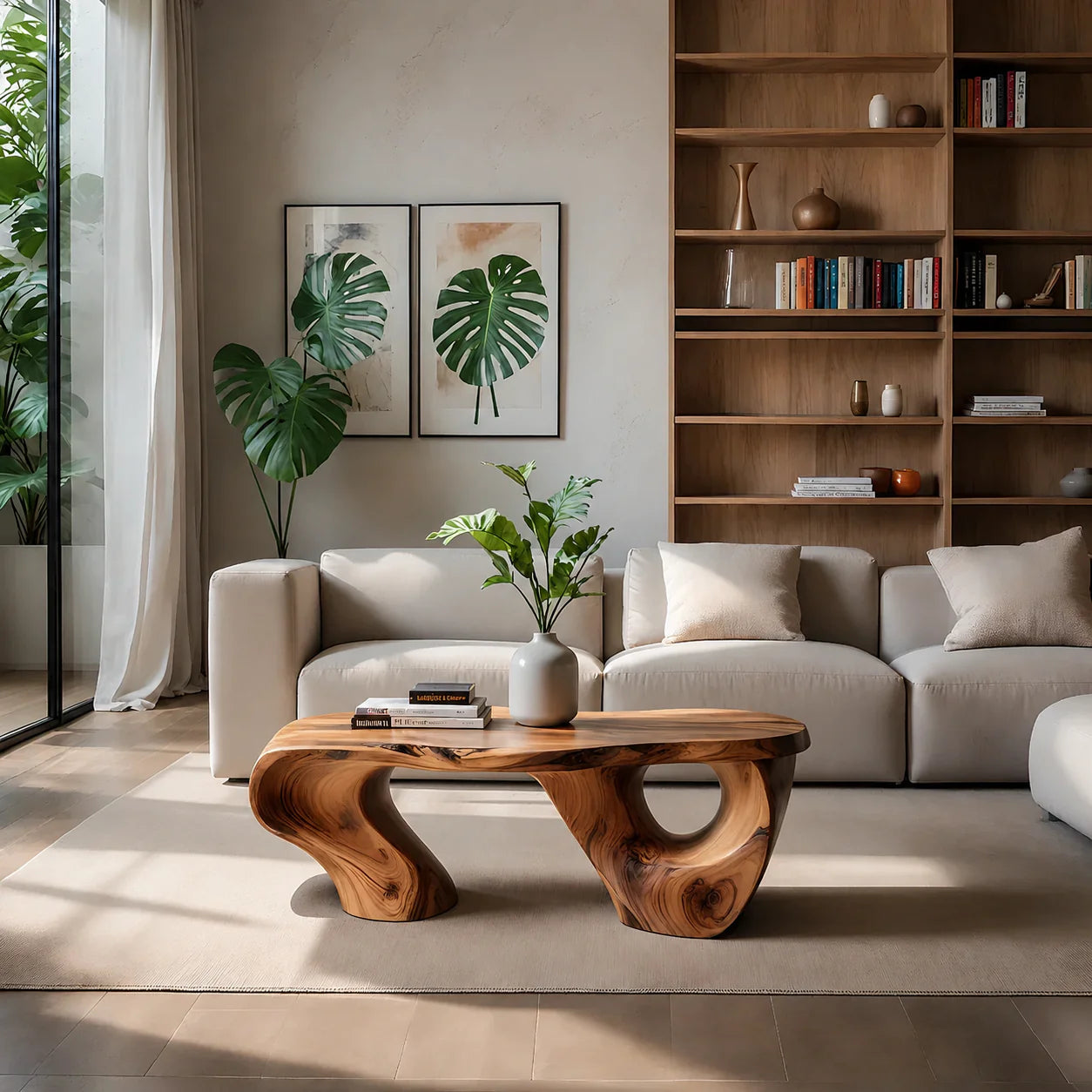 Sculptural Natural Solid Wood Coffee Table — Organic Curve Design - Rustiracraft